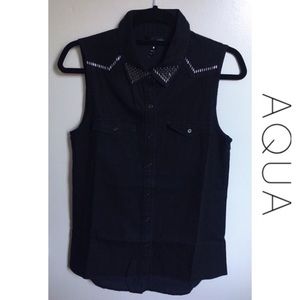 Aqua Black Sleeveless Collared Tank Top